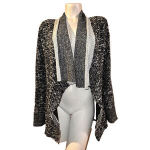 New HAZEL Sweater Women's Size L Black Cream Waterfall Open Ribbed Knit Cardigan